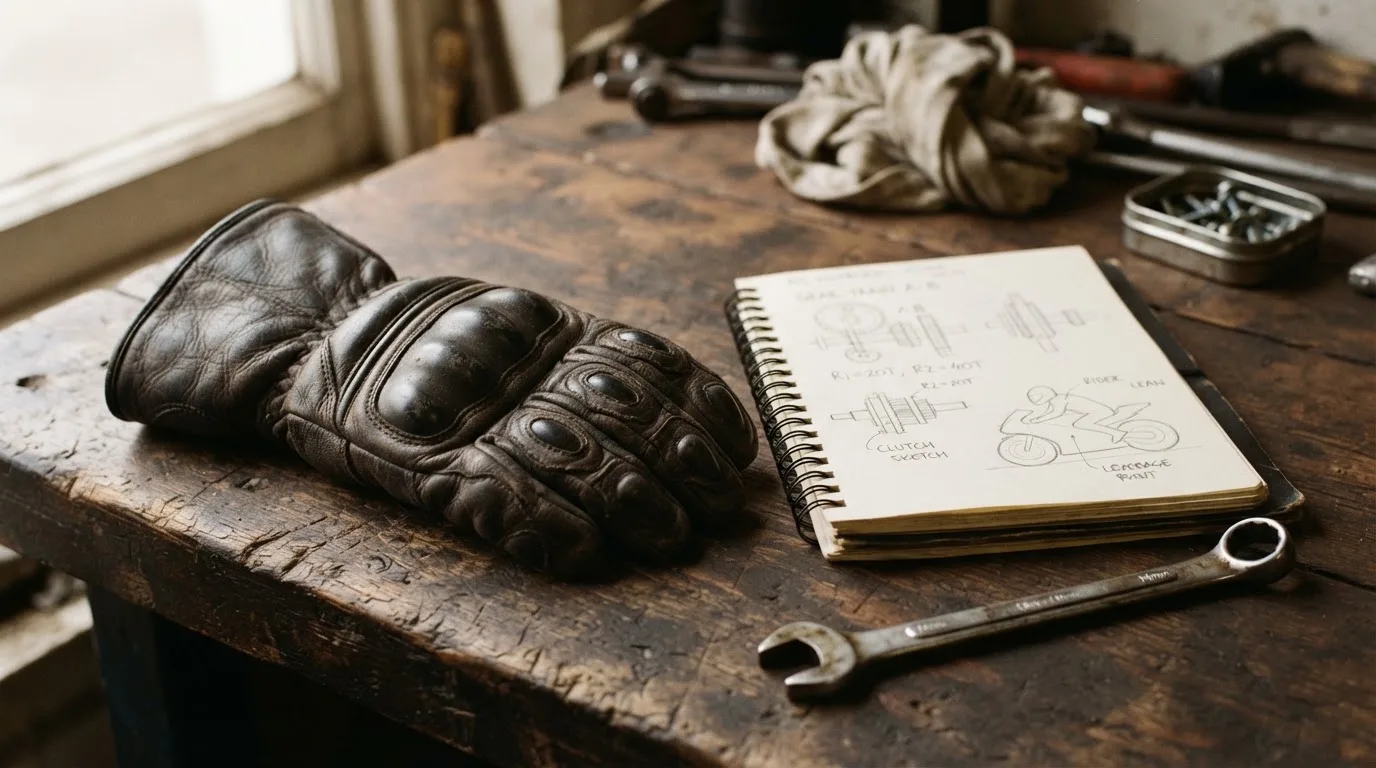 Ein Motorradhandschuh aus Leder liegt auf einer Werkbank neben einem Block mit handgezeichneten Skizzen und einem Schraubenschlüssel.