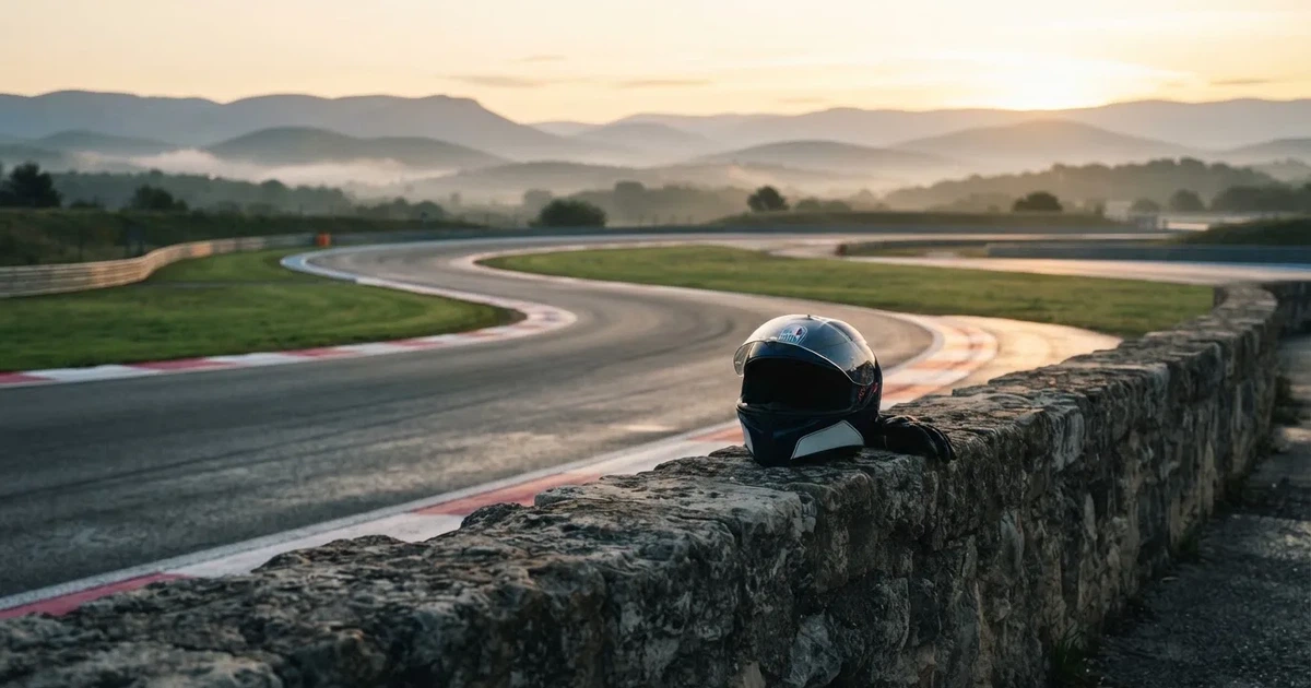 Eine leere Rennstrecke mit rot-weissen Randsteinen im Morgenlicht, im Hintergrund sanfte Hügel und ein einzelner Motorradhelm auf einer niedrigen Mauer.