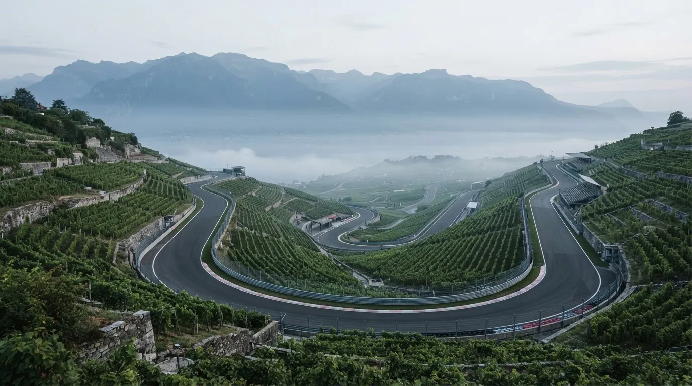 Eine Rennstrecke aus der Ferne zwischen Weinbergen und einer Bergkette, Dunst liegt am frühen Morgen über dem Asphalt.