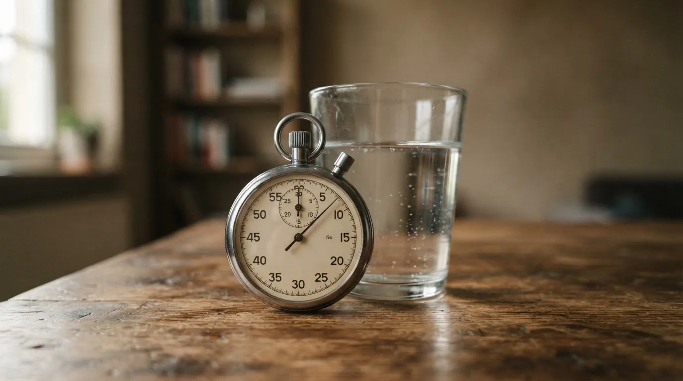 Eine Stoppuhr aus Metall liegt auf einem Holztisch neben einem Glas Wasser, das Licht fällt von der Seite durch ein Fenster.