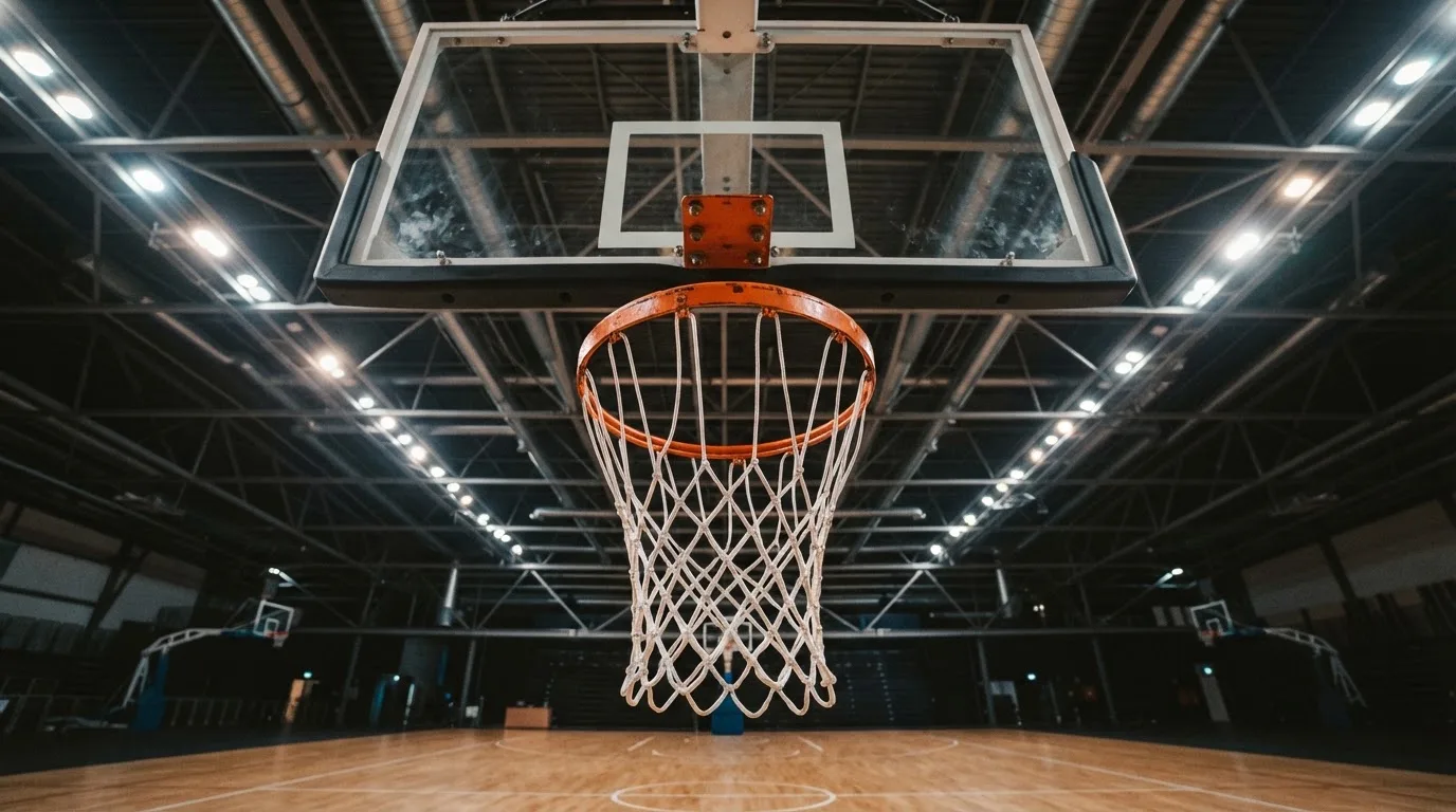 Ein Basketballkorb von unten gesehen, darüber eine Hallendecke mit Scheinwerfern und Stahlträgern.
