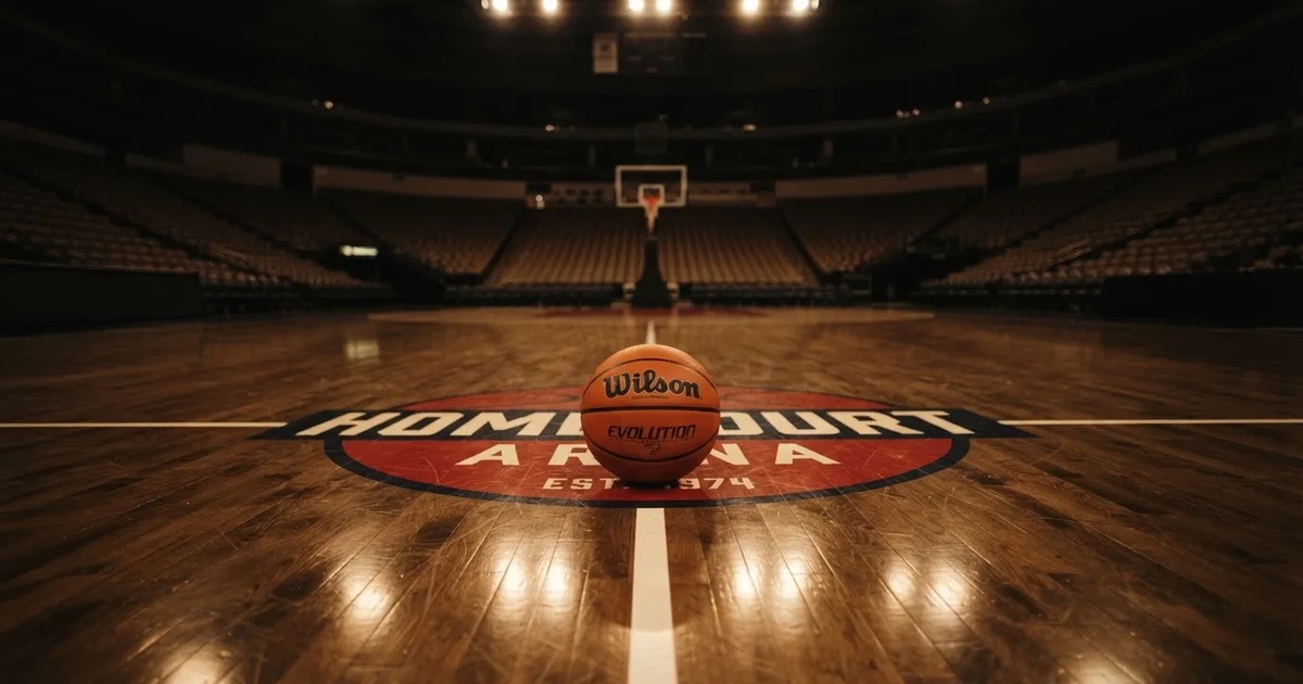 Ein orangefarbener Basketball liegt auf dem Parkett einer leeren Halle unter hellem Flutlicht, die Tribünen sind dunkel.