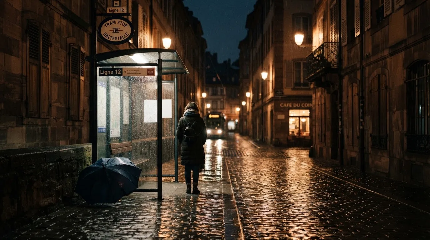 Eine Tramhaltestelle bei Regen in einer Altstadtgasse, das Kopfsteinpflaster glänzt und ein einzelner Regenschirm lehnt an einem Mäuerchen.