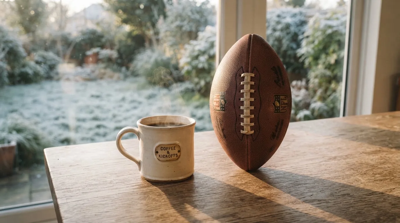 Ein Kaffeebecher und ein Football stehen auf einem Küchentisch am Morgen, durch das Fenster sieht man einen Garten mit Raureif.