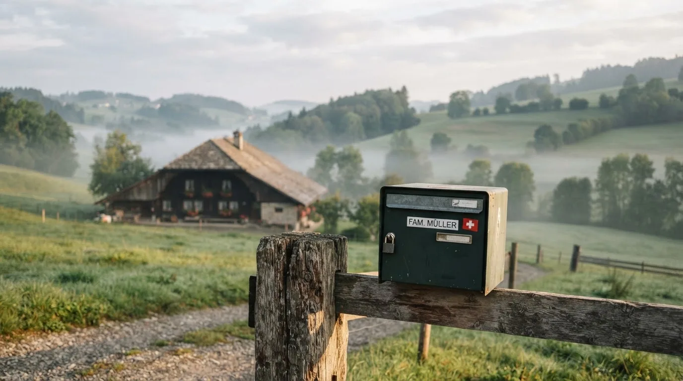 Ein Briefkasten an einem Holzzaun vor einem Bauernhaus in einer Hügellandschaft, auf den Wiesen liegt Frühnebel.