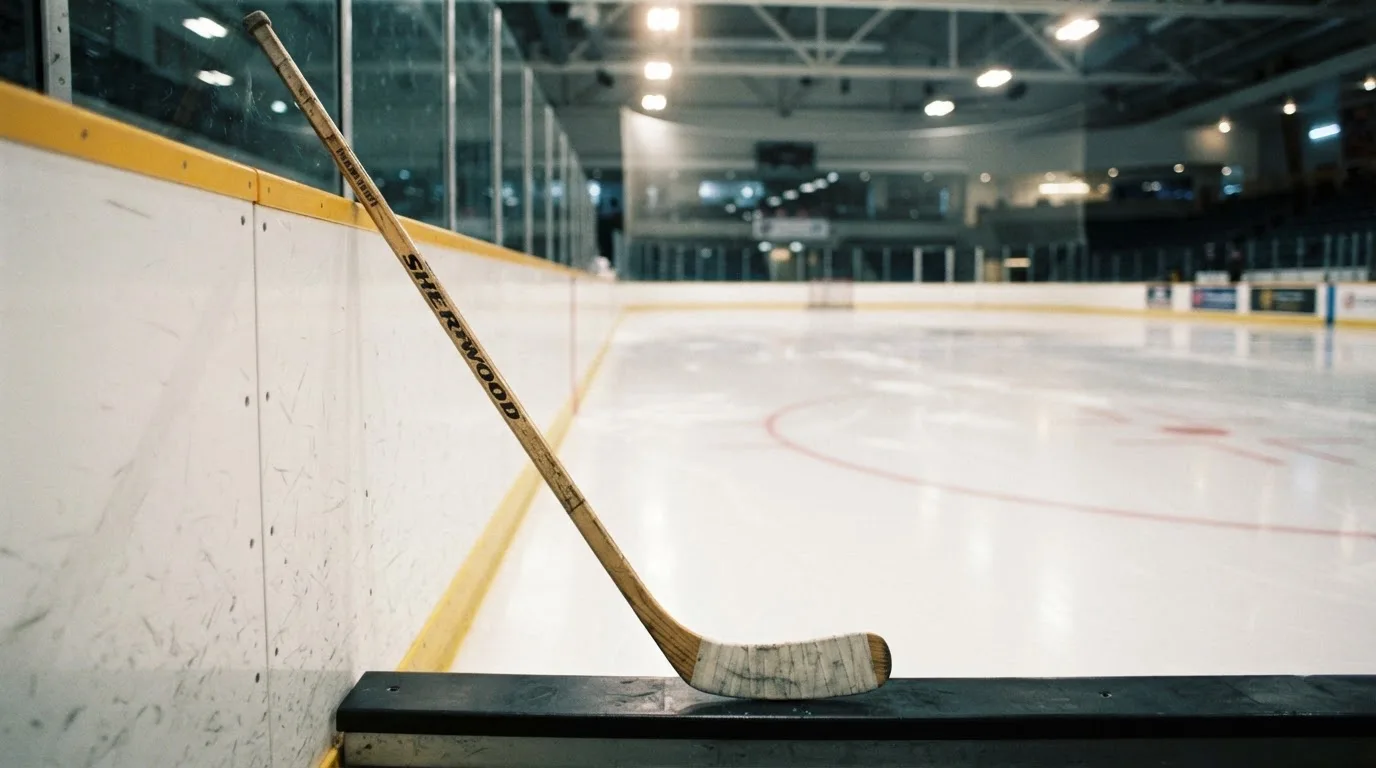 Ein Eishockeyschläger lehnt an der Bande, in der Ferne liegt die hell beleuchtete Eisfläche einer Halle unter Flutlicht.