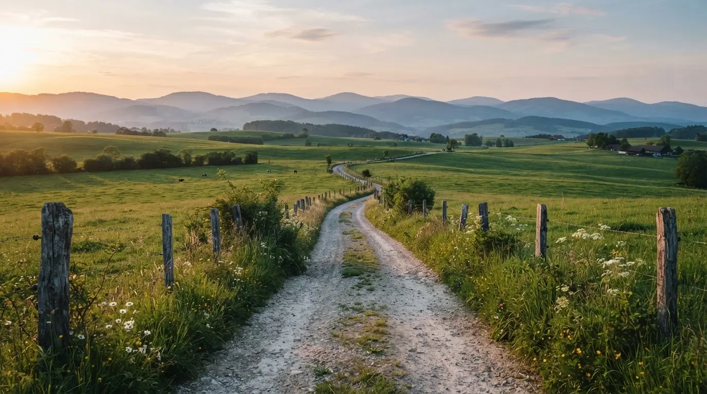 Ein Feldweg führt zwischen Weiden mit Holzzaun auf eine Hügelkette zu, über den Wiesen liegt weiches Abendlicht.