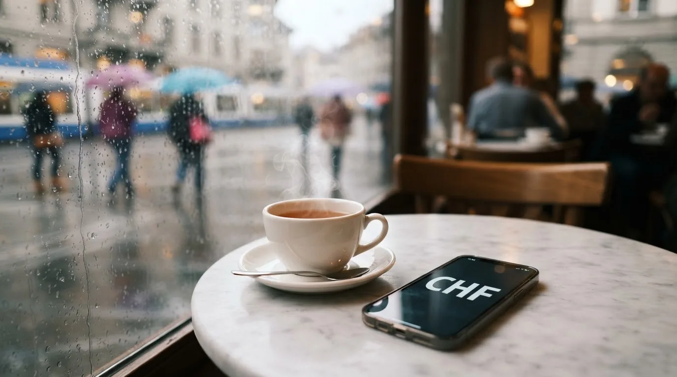 Ein Café-Tisch am Fenster mit einer Teetasse, draussen ein nasser Gehweg und Passanten mit Regenschirmen in unscharfer Ferne.