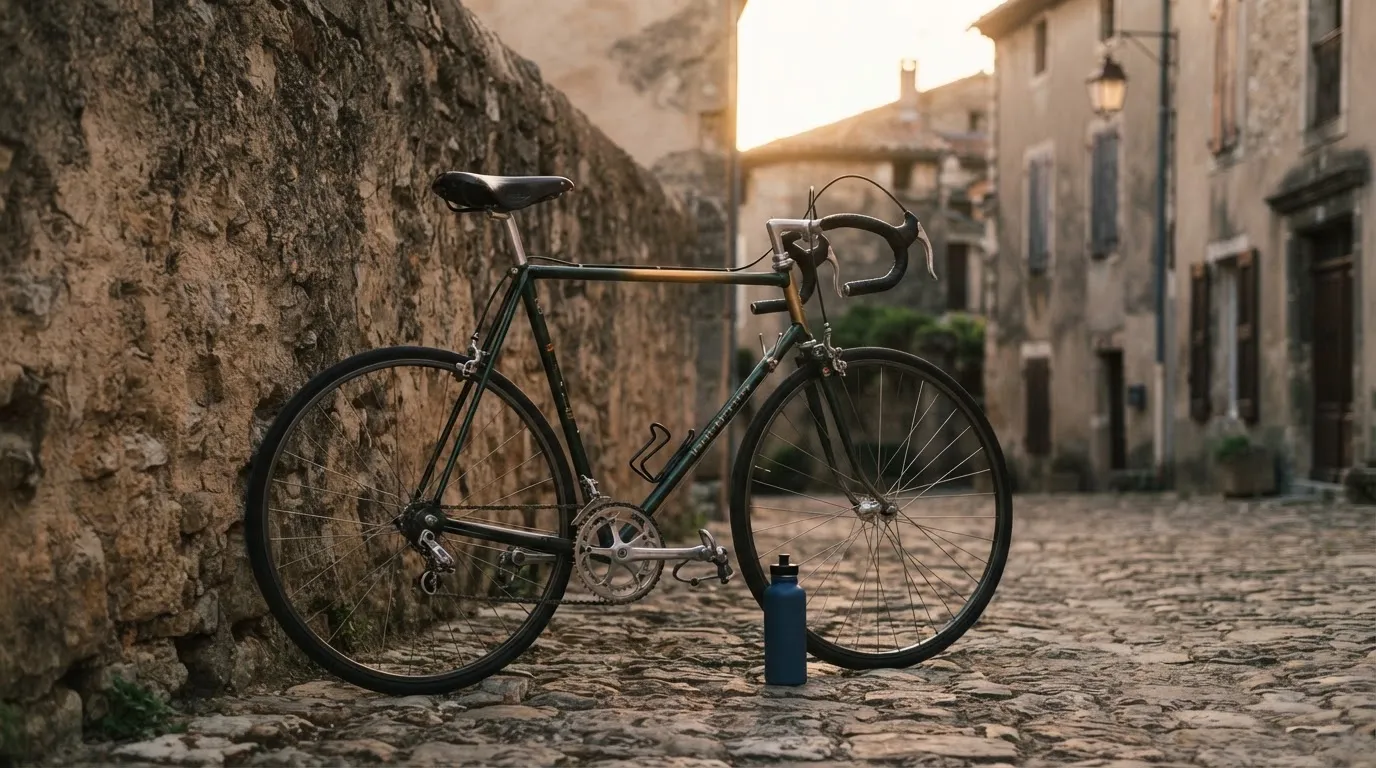 Ein Rennrad lehnt an einer Steinmauer am Rand eines Dorfplatzes, daneben eine Trinkflasche im ersten Sonnenlicht.