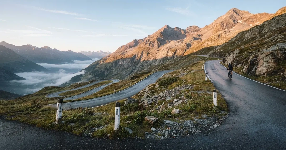 Eine Landstrasse schlängelt sich einen Alpenpass hinauf, am Strassenrand liegt feuchtes Gras und die Morgensonne färbt die Felsen.