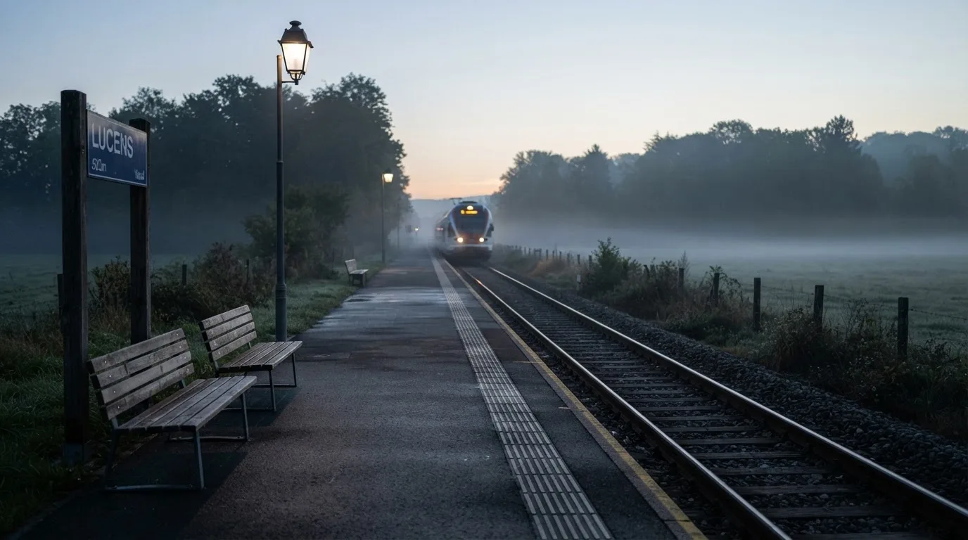 Ein Bahnsteig mit leeren Bänken an einem Regionalbahnhof am Morgen, ein Zug fährt in der Ferne ein.