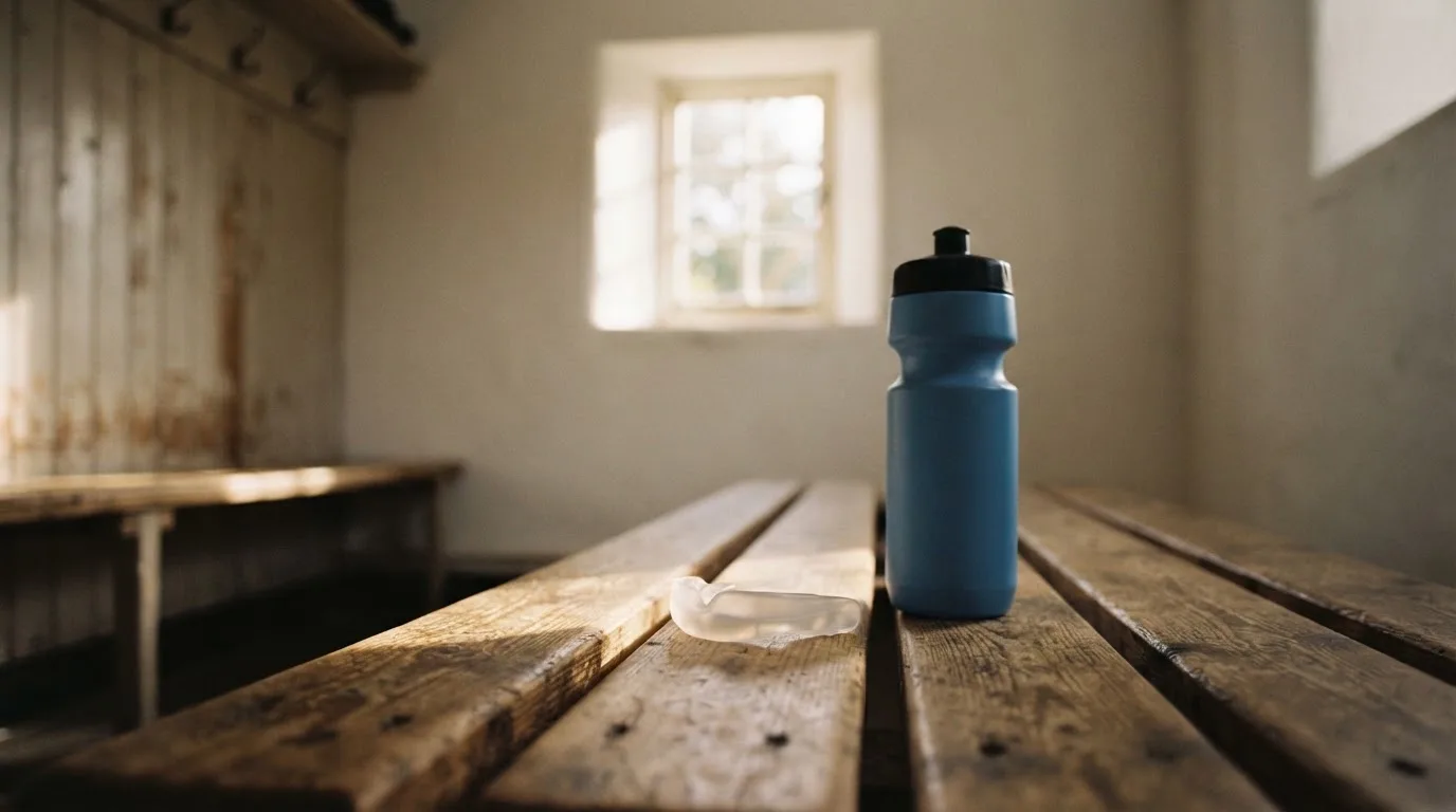 Ein Mundschutz liegt auf einer Holzbank neben einer Trinkflasche in einer schlichten Kabine, durch das Fenster fällt Morgenlicht.