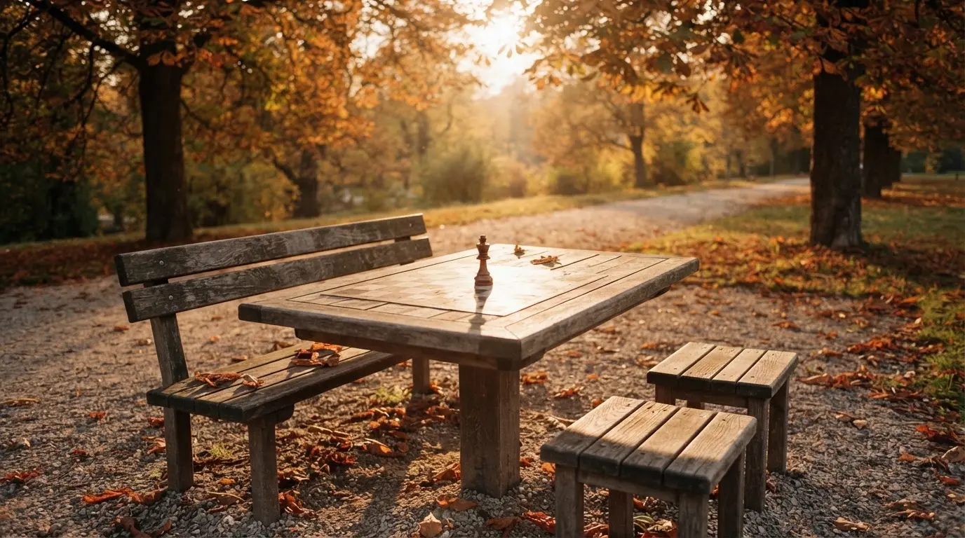 Ein Parkbank-Tisch mit eingelassenem Spielfeld unter alten Kastanien, auf den Wegen liegt Laub und die Sonne steht tief.