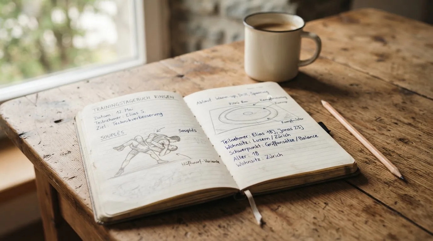 Ein aufgeschlagenes Notizbuch mit handschriftlichen Skizzen neben einem Bleistift und einer Kaffeetasse auf einem Holztisch.