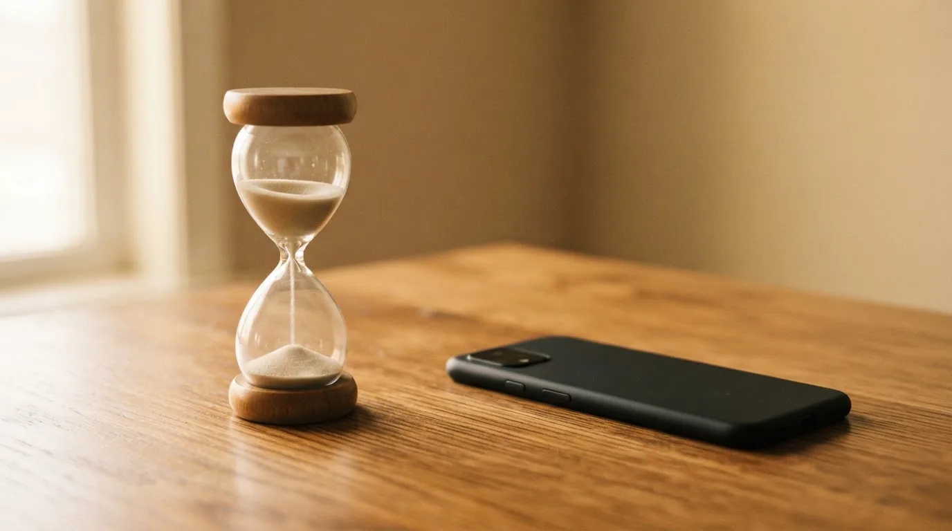 Eine Sanduhr steht auf einem Holztisch neben einem umgedrehten Smartphone, warmes Licht fällt von der Seite ein.