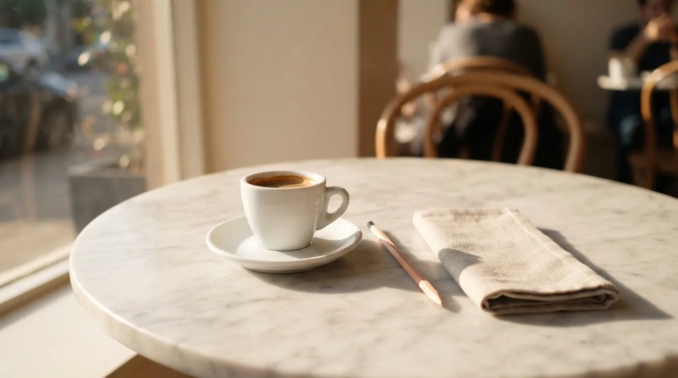 Eine Espressotasse und ein Bleistift liegen auf einem Caféhaustisch neben einer gefalteten Stoffserviette im Licht der Morgensonne.