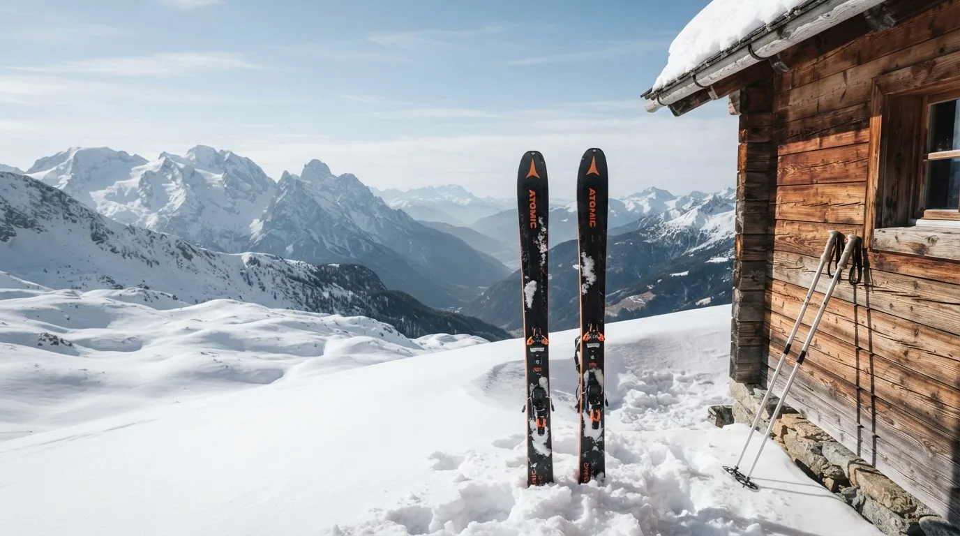 Zwei Skier stecken aufrecht im Schnee neben einer Holzhütte, dahinter ein weites Alpenpanorama bei klarem Himmel.
