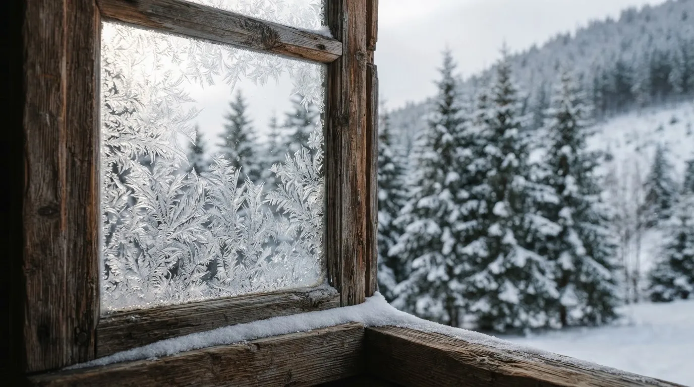 Ein vereistes Fenster einer Berghütte mit Blick auf verschneite Tannen im blassen Winterlicht.