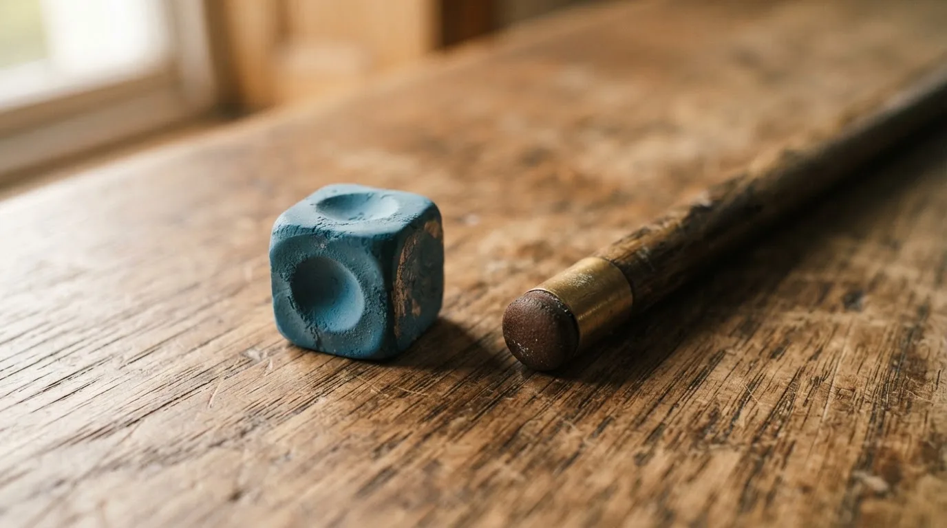 Ein blauer Kreidewürfel und eine Queuespitze liegen am Rand eines Holztischs im weichen Seitenlicht.