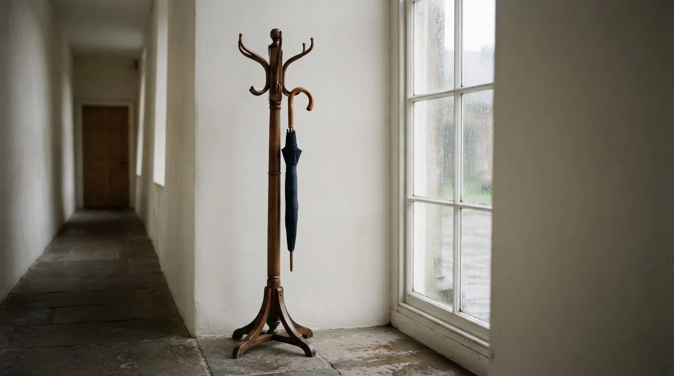 Eine Garderobe aus Holz mit einem dunklen Regenschirm in einem stillen Korridor, am Fenster rinnt Regen herunter.