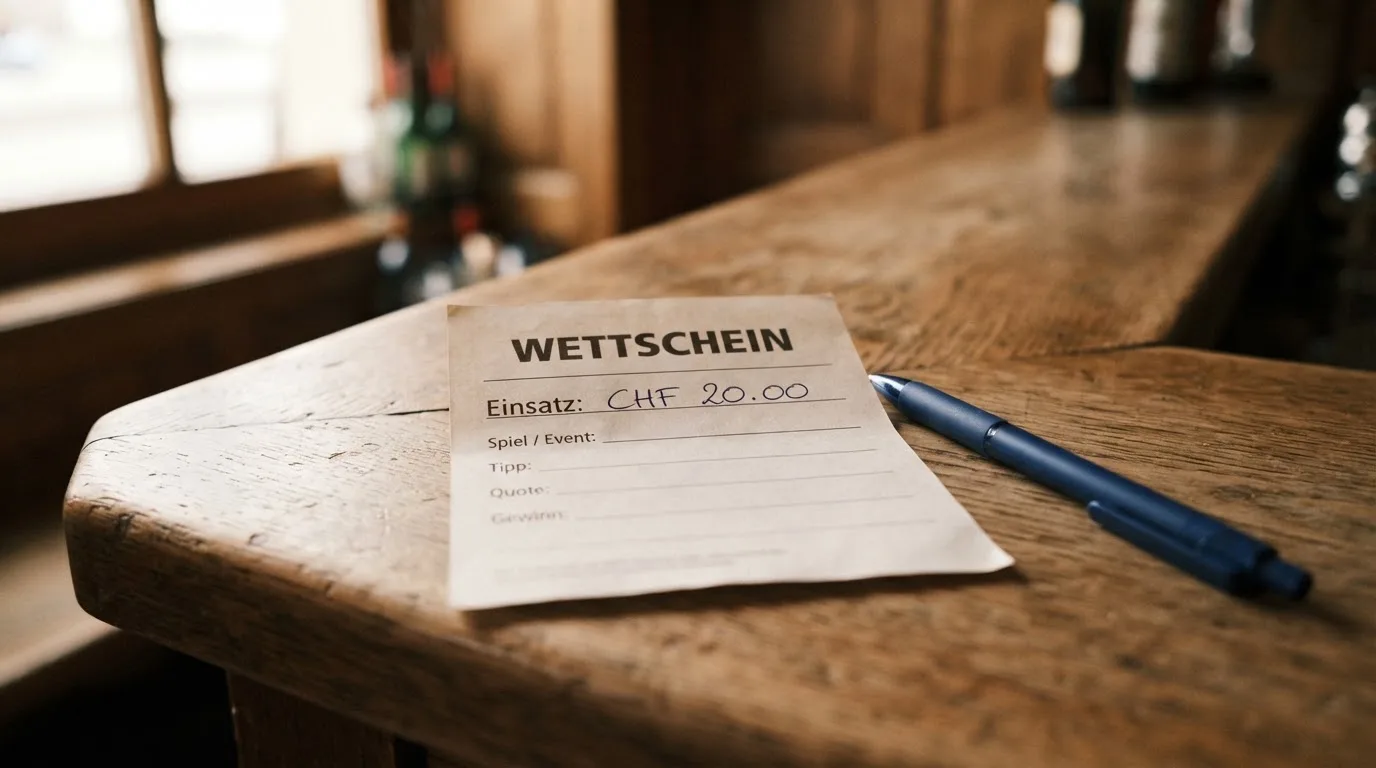 Ein leerer Wettschein aus Papier und ein Kugelschreiber liegen auf einer hölzernen Theke im Nachmittagslicht.