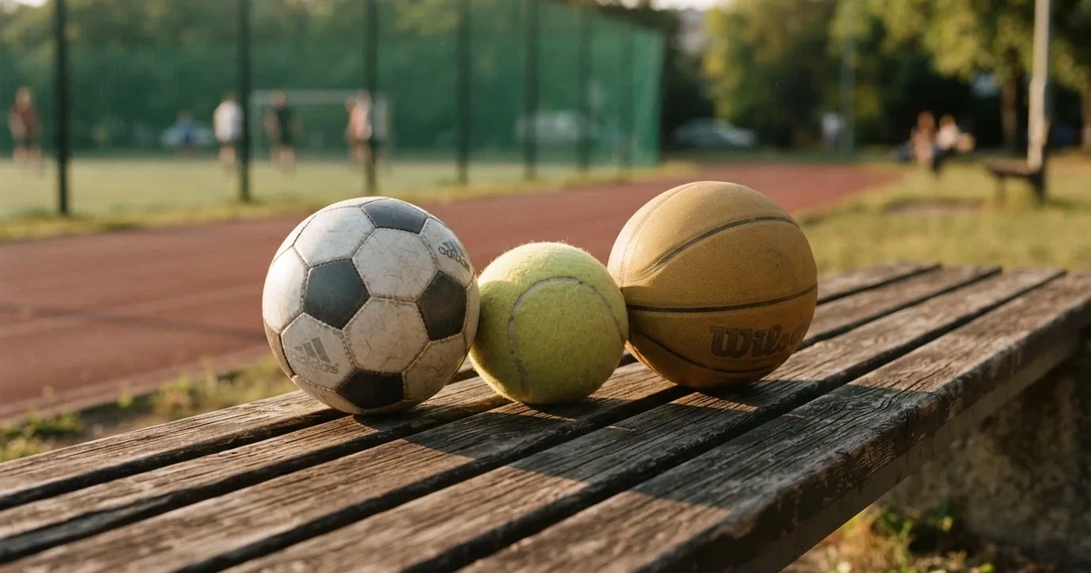 Drei Sportbälle, ein Fussball, ein Tennisball und ein Basketball, liegen nebeneinander auf einer Holzbank.