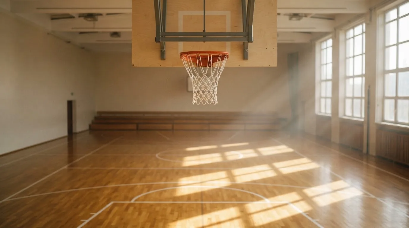 Ein Basketballkorb hängt in einer leeren Turnhalle, durch hohe Fenster fällt Licht auf das Holzparkett.