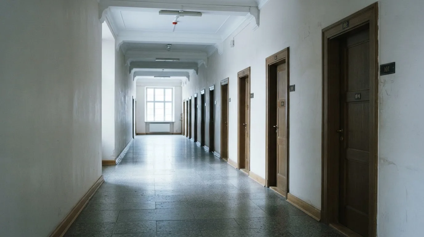 Ein langer, leerer Flur in einem Verwaltungsgebäude mit Holztüren und Steinboden im kühlen Tageslicht.