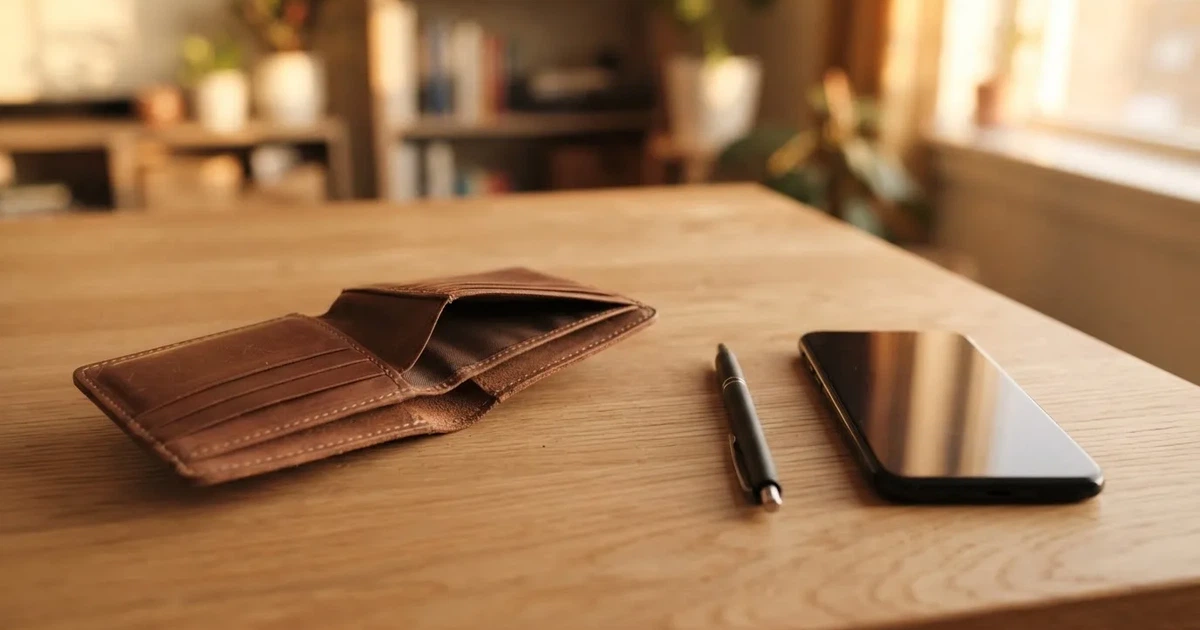 Eine leere Geldbörse aus Leder liegt geöffnet auf einem Tisch, daneben ein Kugelschreiber und ein Smartphone mit dunklem Display.