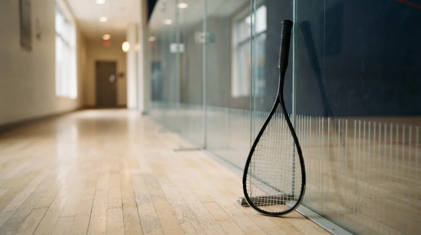 Ein Squashschläger lehnt an der Glaswand eines leeren Courts, draussen fällt Tageslicht in den Gang.