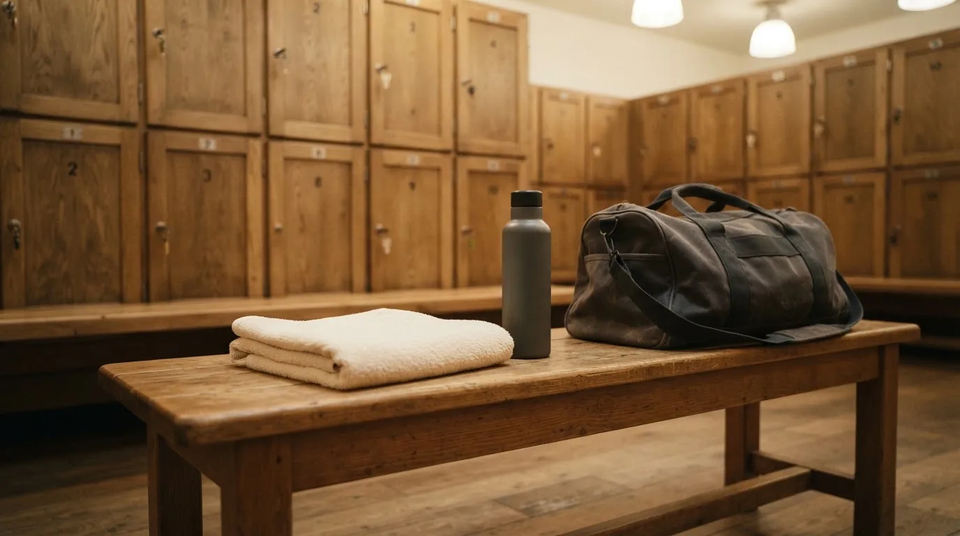 Ein Frottiertuch und eine Trinkflasche liegen auf einer Bank neben einer Sporttasche in einer ruhigen Garderobe.