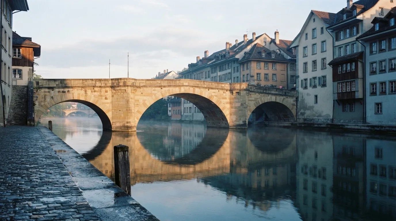 Ein steinerner Brückenbogen über einem Fluss in einer Schweizer Altstadt im ersten Morgenlicht.