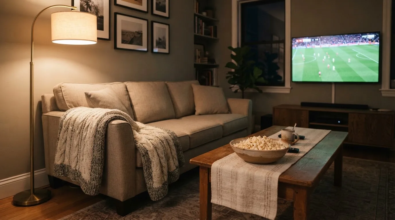 Ein Sofa mit Wolldecke und eine Schale Popcorn auf dem Couchtisch in einem Wohnzimmer bei Lampenlicht am späten Abend.