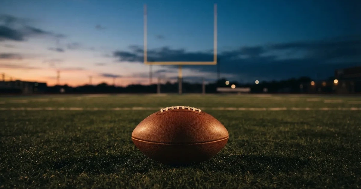 Ein ovaler Lederball liegt auf einem Rasen, dahinter ragt ein gelbes Torgestell in den Abendhimmel.