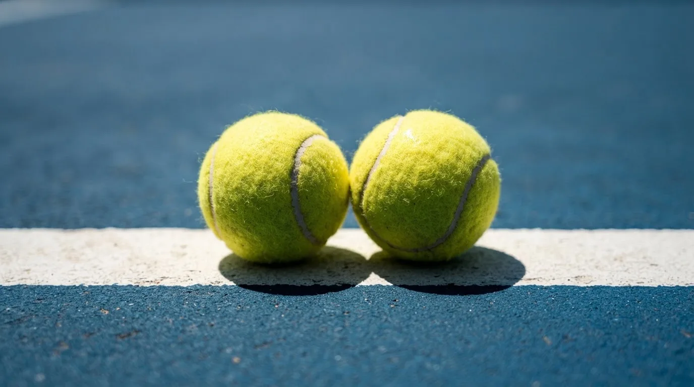 Zwei Tennisbälle liegen auf der weissen Grundlinie eines Hartplatzes im grellen Sonnenlicht.