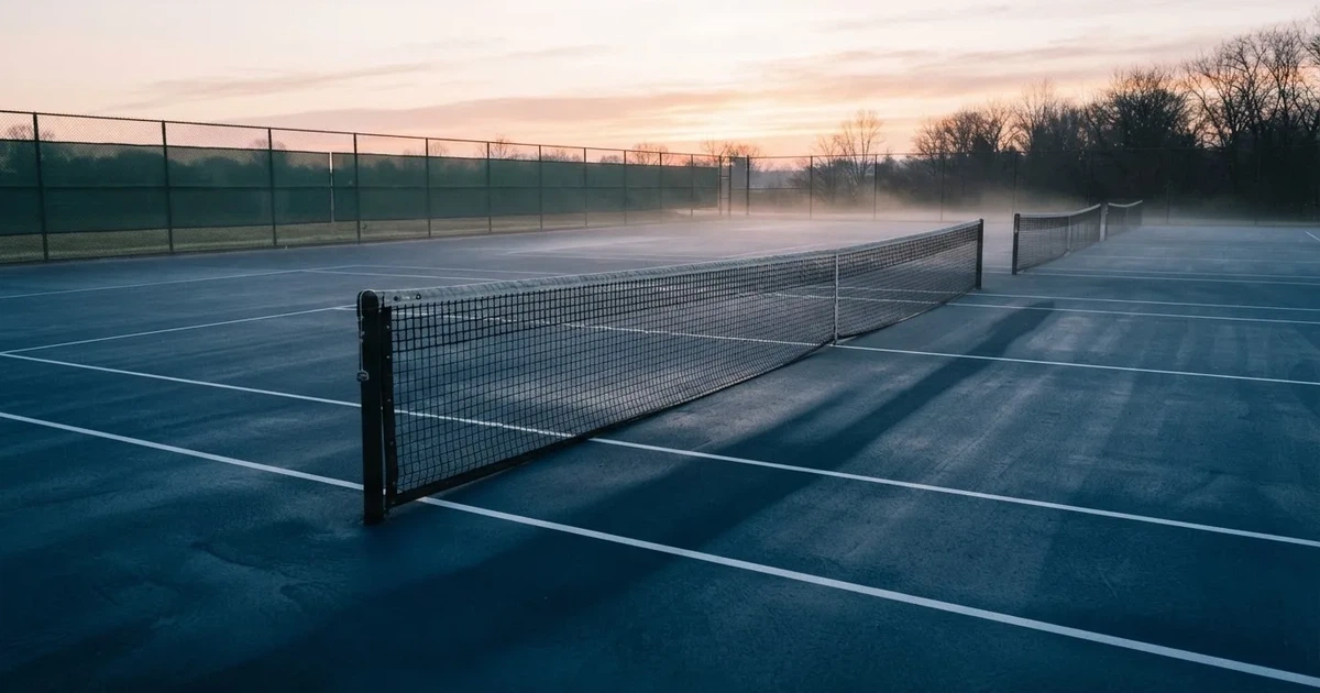Ein leerer Tennisplatz im Morgengrauen, der Netzschatten fällt lang über den Platz, über der Grundlinie liegt leichter Nebel.