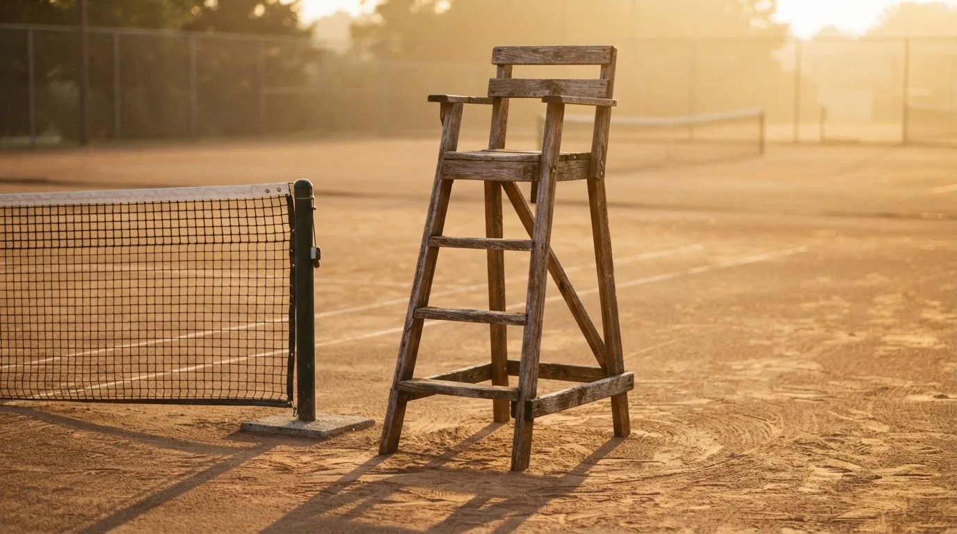 Ein leerer Schiedsrichterstuhl aus Holz steht neben einem Netzpfosten, die Sonne steht tief.