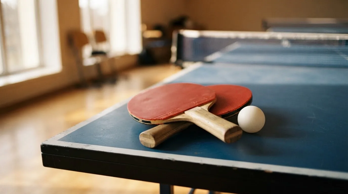 Zwei Tischtennisschläger liegen gekreuzt am Rand einer Platte, daneben ein kleiner weisser Ball.