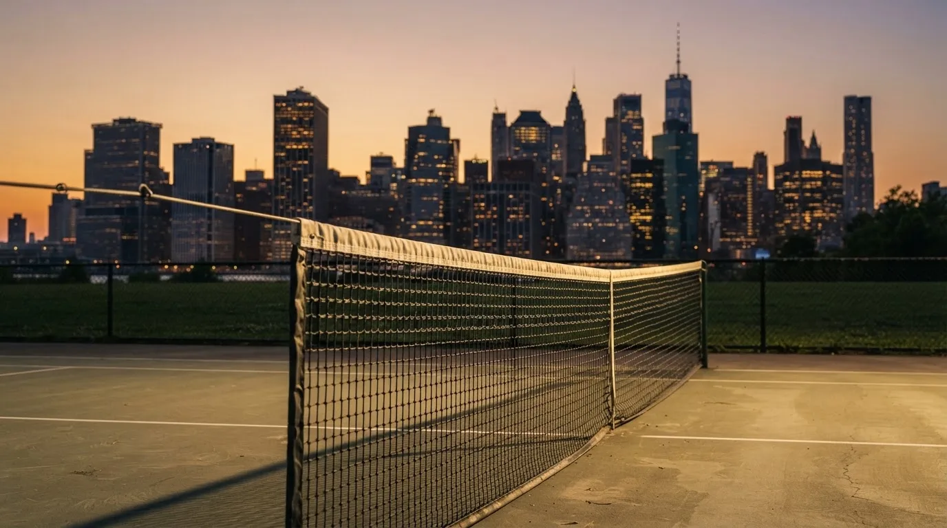 Die Hochhäuser einer Grossstadt in der Dämmerung, gesehen von einem Park, im Vordergrund ein gespanntes Tennisnetz.