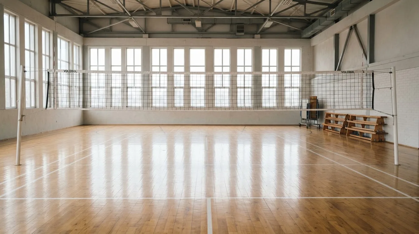 Eine Sporthalle mit gespanntem Volleyballnetz über poliertem Holzboden, hohe Fenster lassen Tageslicht herein.