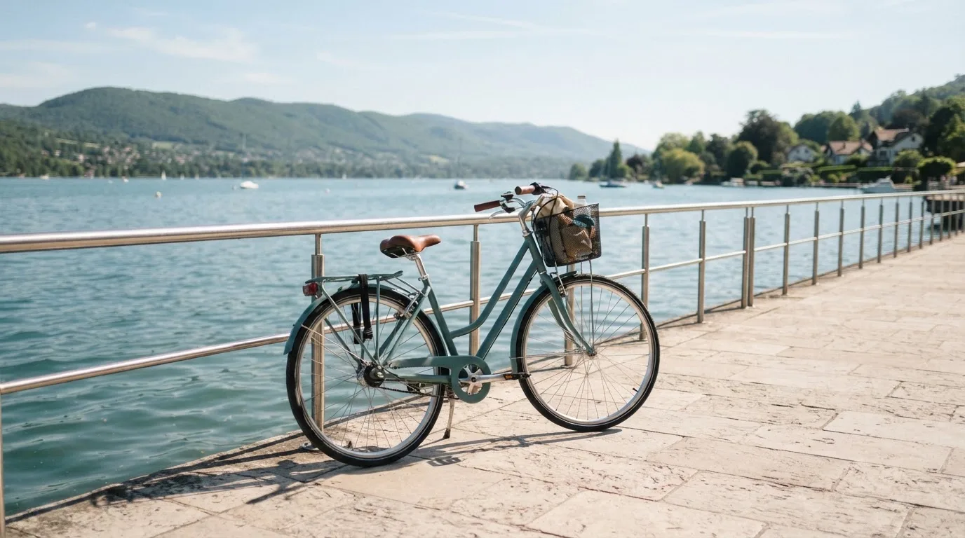 Ein Fahrrad lehnt an einem Geländer einer Uferpromenade an einem See im Sonnenlicht.