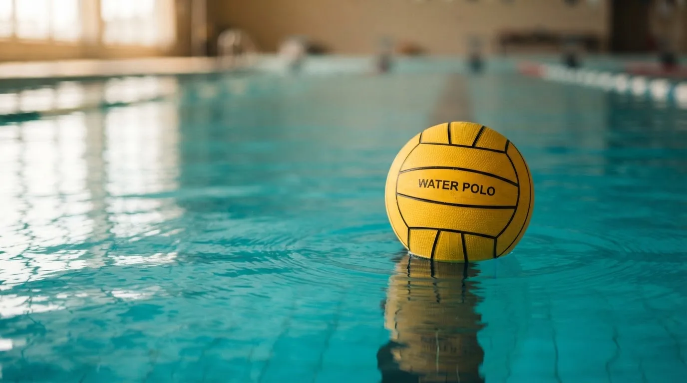 Ein gelber Ball treibt auf ruhigem türkisfarbenem Beckenwasser, feine Wellen im weichen Licht.