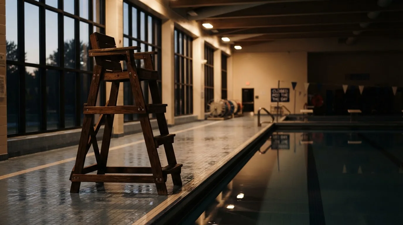 Ein Bademeisterstuhl neben einem Hallenbad zur Schliesszeit, gedimmtes Licht, glatte Wasseroberfläche.