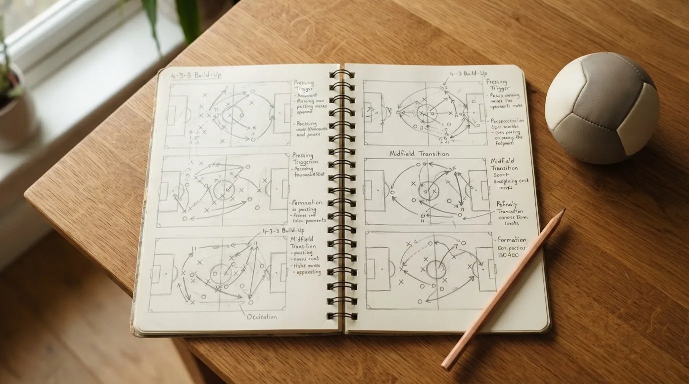Ein aufgeschlagenes Notizbuch mit Bleistiftskizzen und ein kleiner Fussball liegen auf einem Holztisch im Tageslicht.