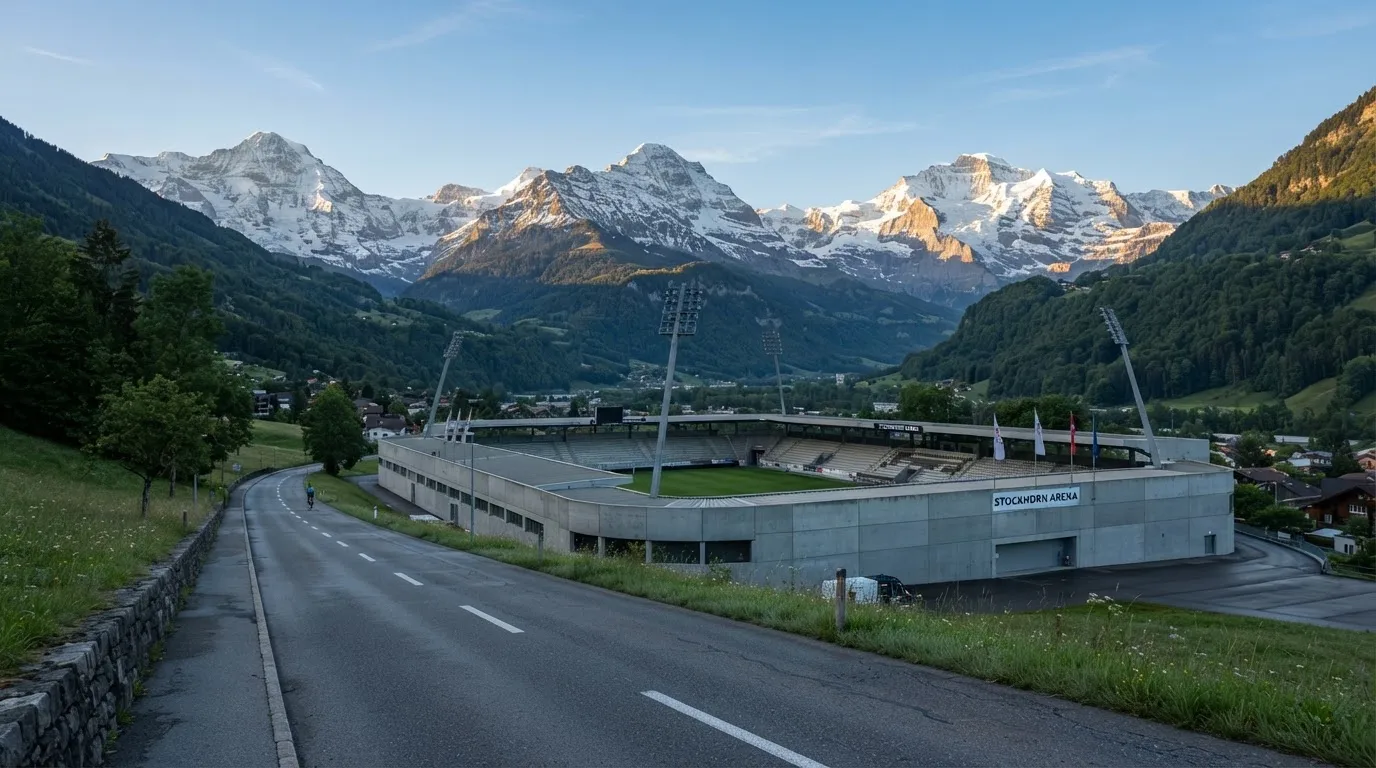 Schneebedeckte Berge erheben sich hinter einem Fussballstadion in einem Schweizer Tal, davor liegt eine leere Strasse im Morgenlicht.