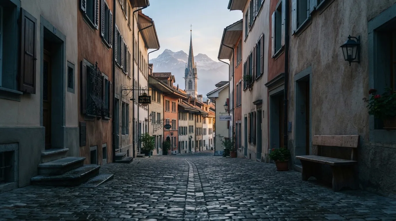 Eine ruhige Gasse in einer Schweizer Altstadt mit Kopfsteinpflaster am frühen Morgen, im Hintergrund ein Kirchturm und Berge im Dunst.