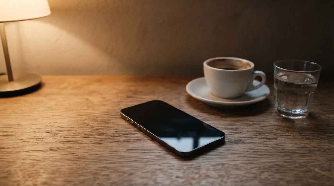 Ein Smartphone mit dunklem Display liegt neben einer Kaffeetasse und einem Glas Wasser auf einem Holztisch im Licht einer Lampe.