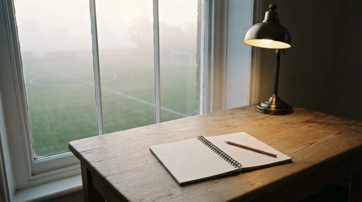 Ein Schreibtisch am Fenster mit Schreibtischlampe, Bleistift und leerem Block, draussen liegt ein Fussballplatz im Dunst.