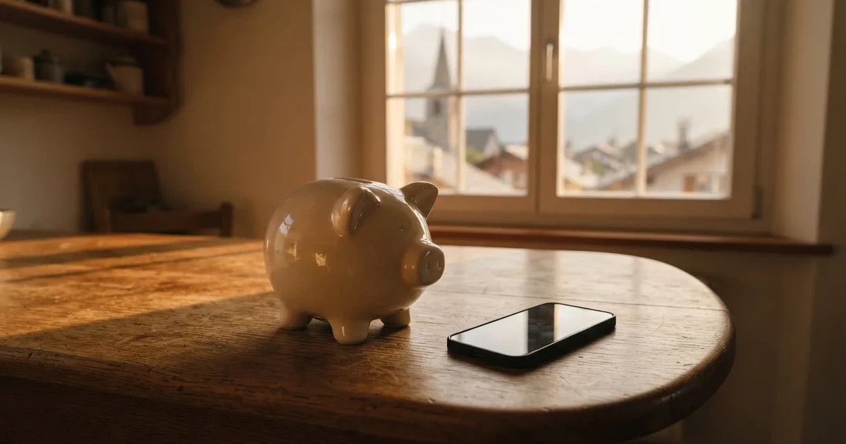 Ein Sparschwein aus Keramik steht auf einem Küchentisch neben einem Smartphone mit dunklem Display, im Fenster dahinter ein Schweizer Dorf im Morgenlicht.