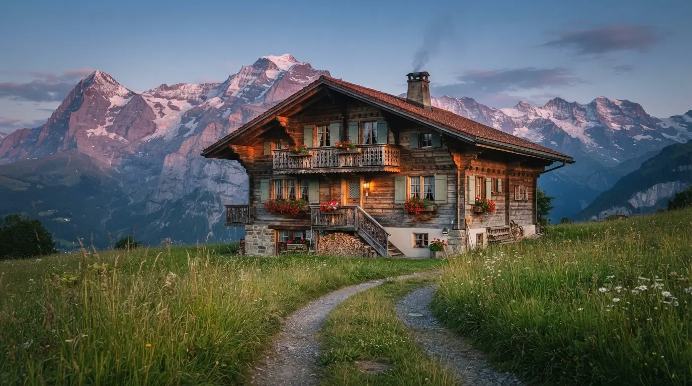 Ein Holzchalet mit Blumenkästen steht vor einer Bergkette im Abendlicht, davor führt ein leerer Feldweg durch eine Wiese.